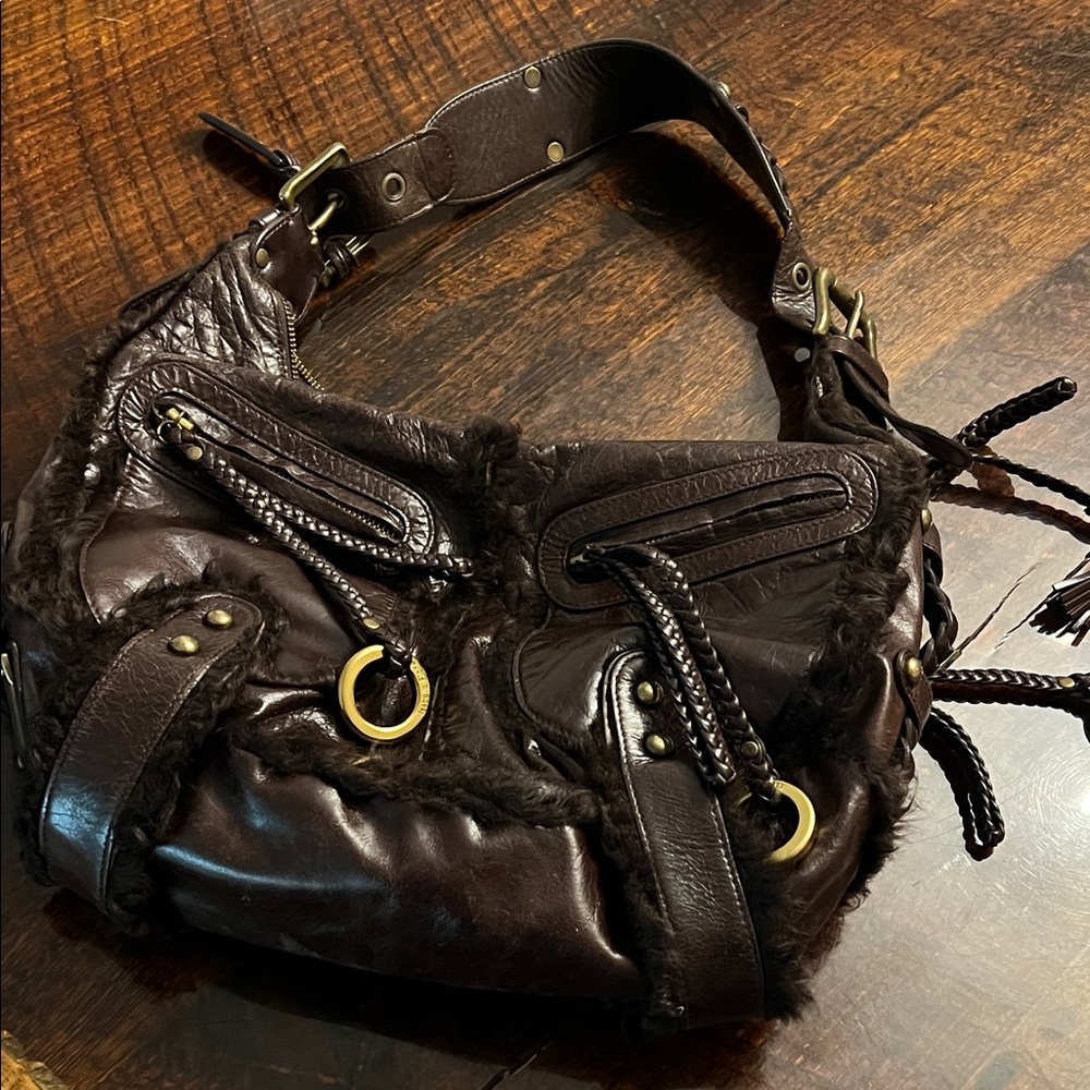 Isabella Fiore Dark Brown Leather Shoulder Bag with Fur Trim